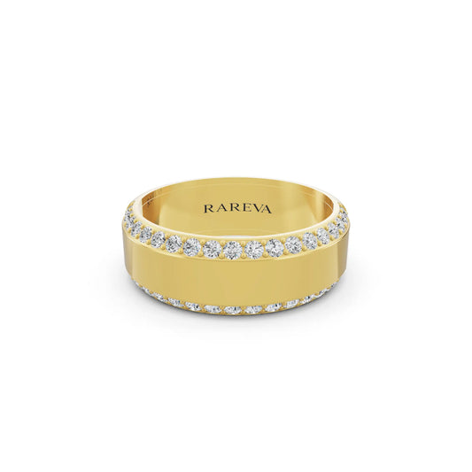 14K Yellow Gold Men's Round Cut Diamond Pave Bevel Edge Band - 6.5mm - Front