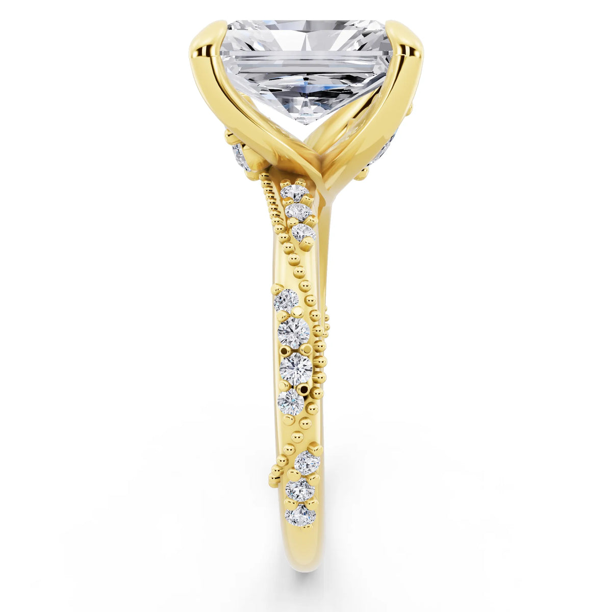 14 KT Yellow Gold Radiant Cut Diamond Ring with Marquise Accent - side view