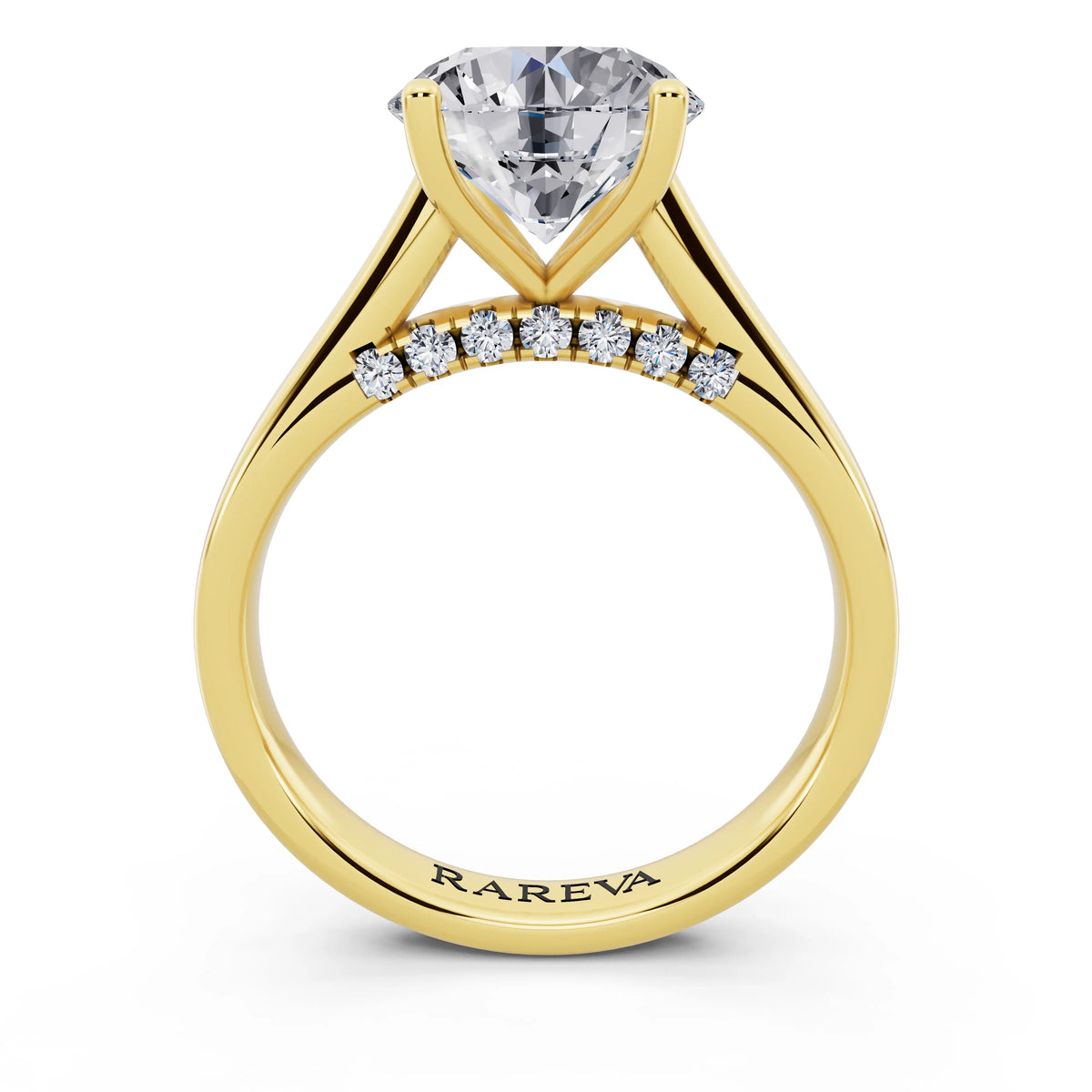 14 KT Yellow Gold Round Cut Diamond Solitaire Ring with Hidden Accent - through finger