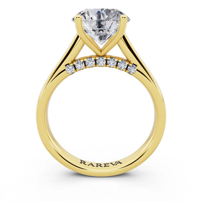 14 KT Yellow Gold Round Cut Diamond Solitaire Ring with Hidden Accent - through finger
