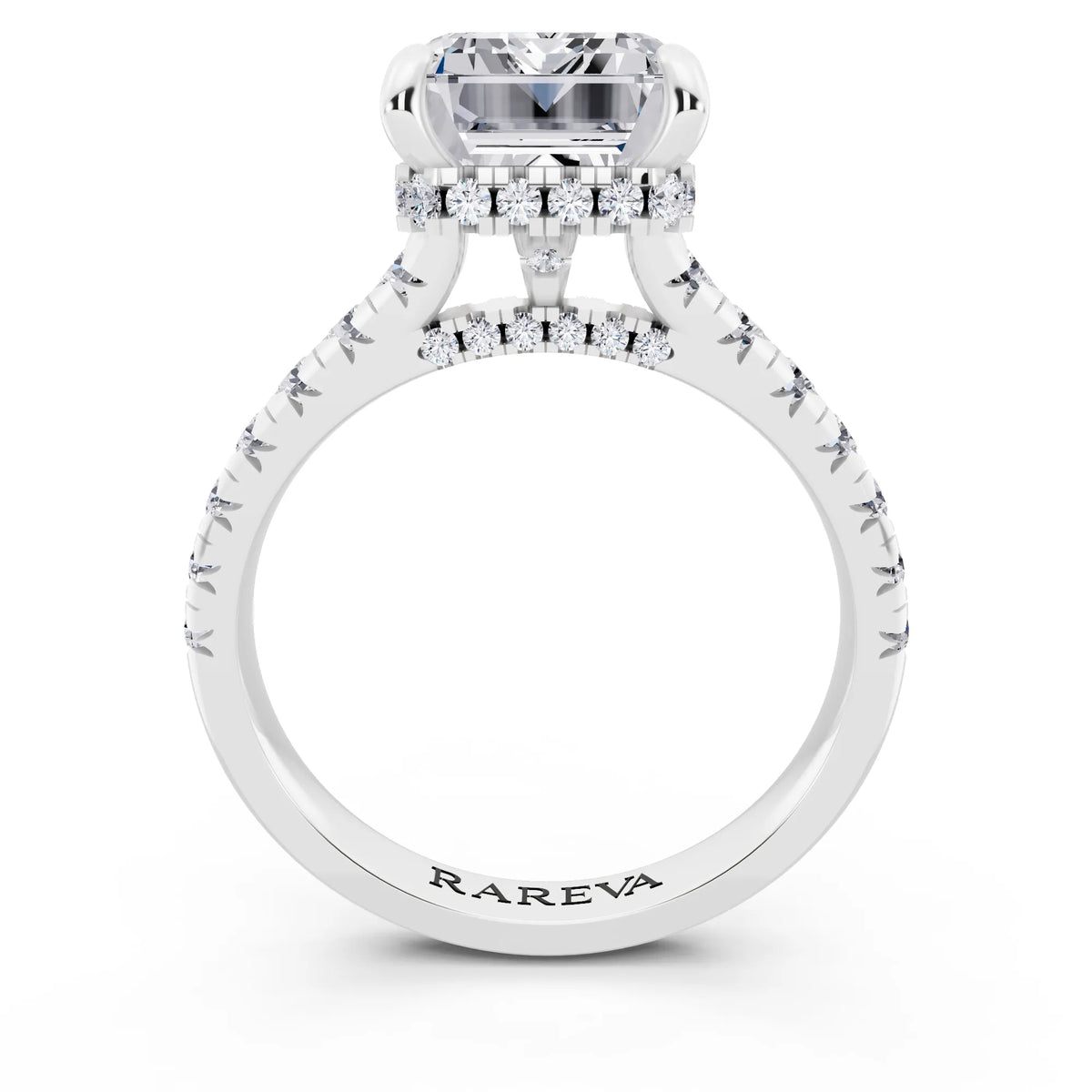 Platinum Emerald Cut Diamond Ring with Hidden Halo - through finger