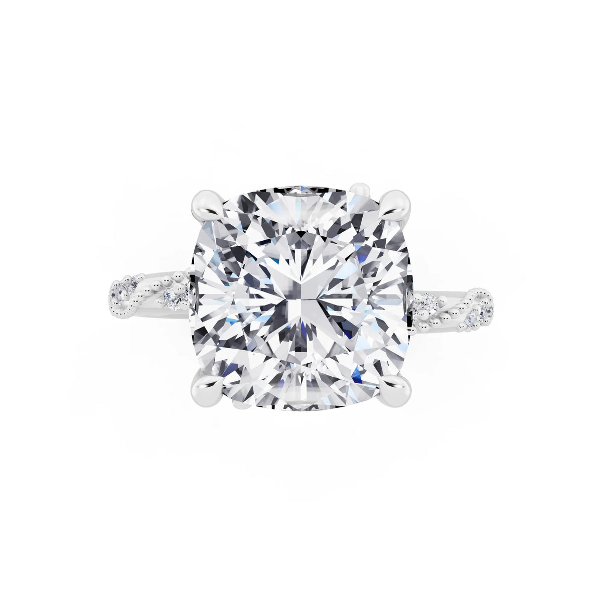 18 KT White Gold Cushion Cut Diamond Ring with Marquise Accent - top angle