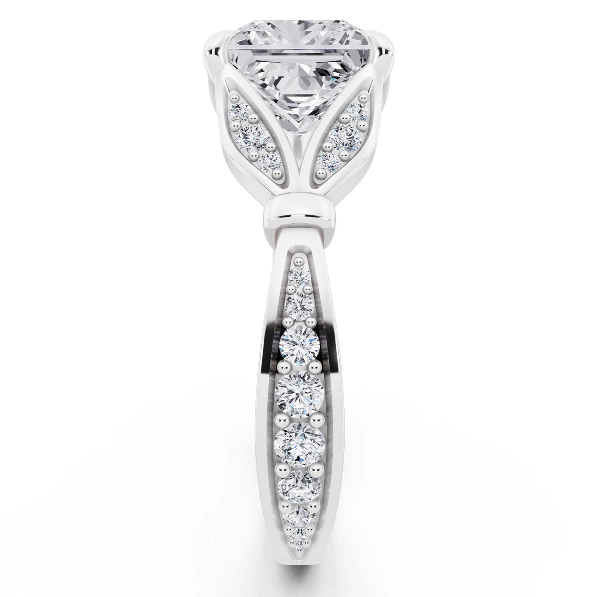 Platinum Princess Cut Diamond Ring with Lotus Collar - side view