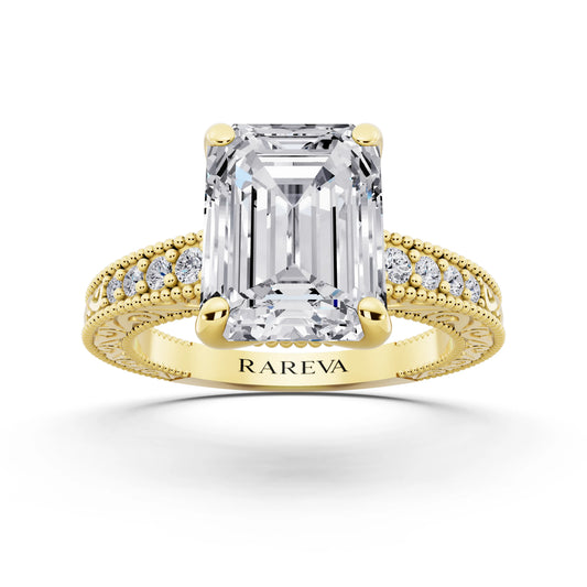 14 KT Yellow Gold Emerald Cut Diamond Vintage - front view