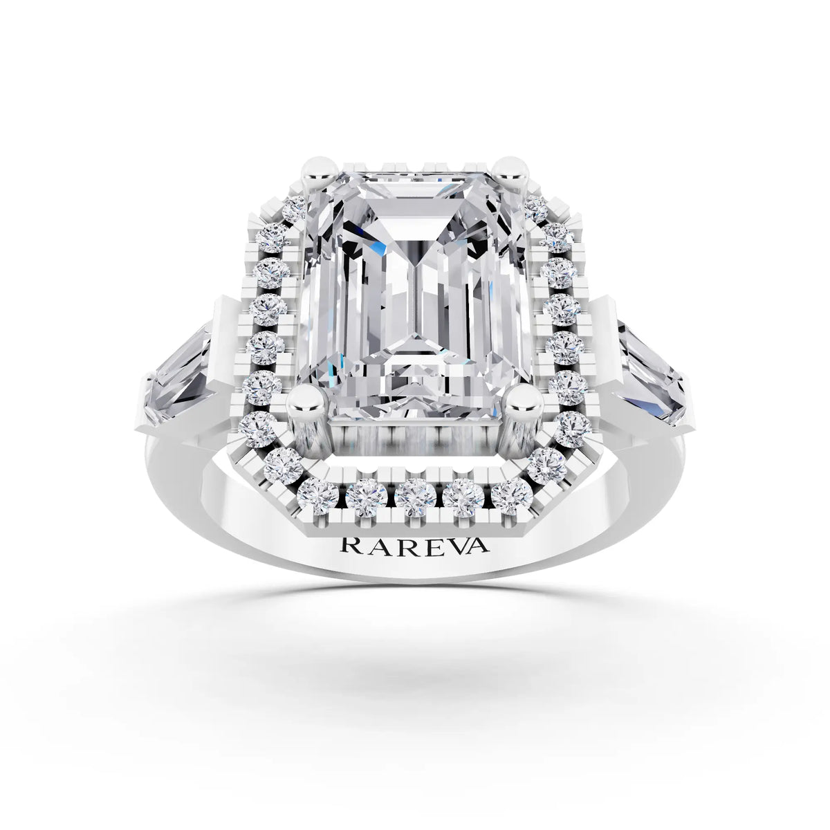 14 KT White Gold Emerald Cut Diamond Halo Ring with Baguette Accents - front view