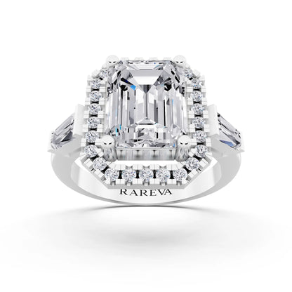 14 KT White Gold Emerald Cut Diamond Halo Ring with Baguette Accents - front view