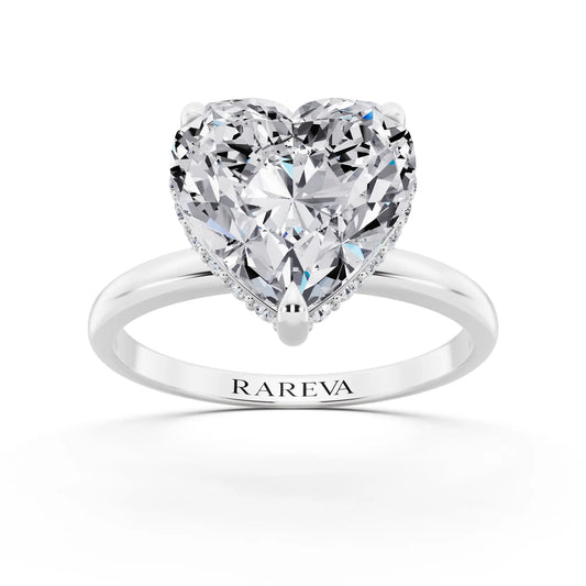 18 KT White Gold Heart Cut Diamond Hidden Halo Solitaire Ring - front view