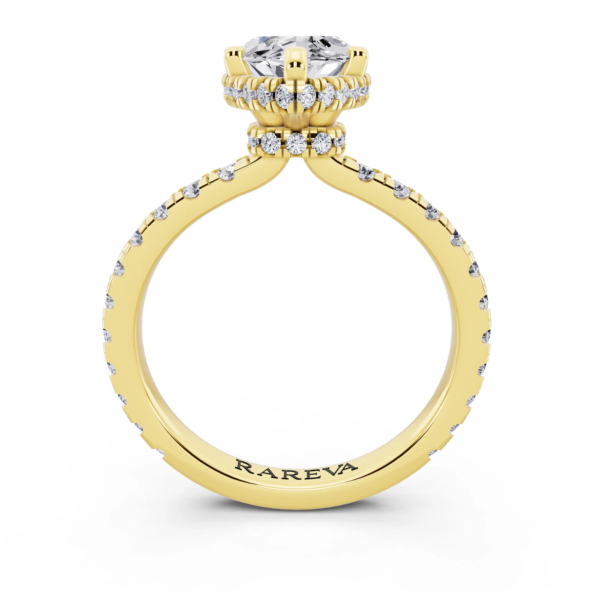 18 KT Yellow Gold Marquise Cut Diamond Hidden Halo Ring with Pave Band - through finger