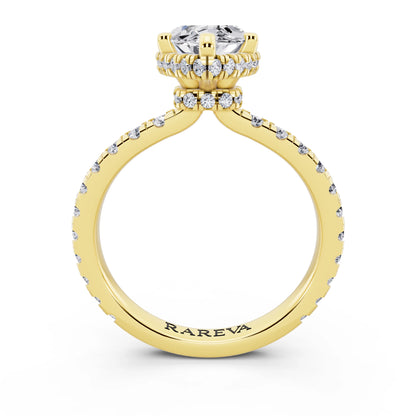 18 KT Yellow Gold Marquise Cut Diamond Hidden Halo Ring with Pave Band - through finger