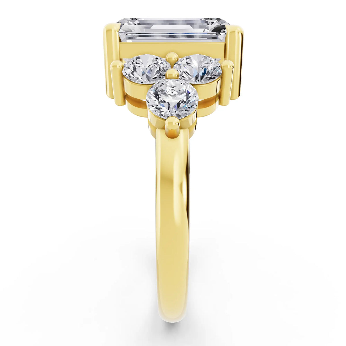 14 KT Yellow Gold Emerald Cut Diamond Cluster Ring with Round Accents - Side view