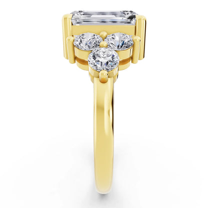 14 KT Yellow Gold Emerald Cut Diamond Cluster Ring with Round Accents - Side view