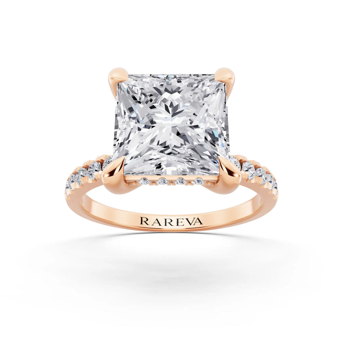 14 KT Rose Gold Princess Cut Diamond Solitaire Ring with Round Pavé Band and Prong Setting - front view