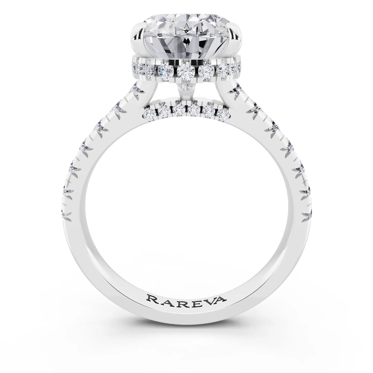 Platinum Oval Cut Diamond Ring with Hidden Halo - through finger