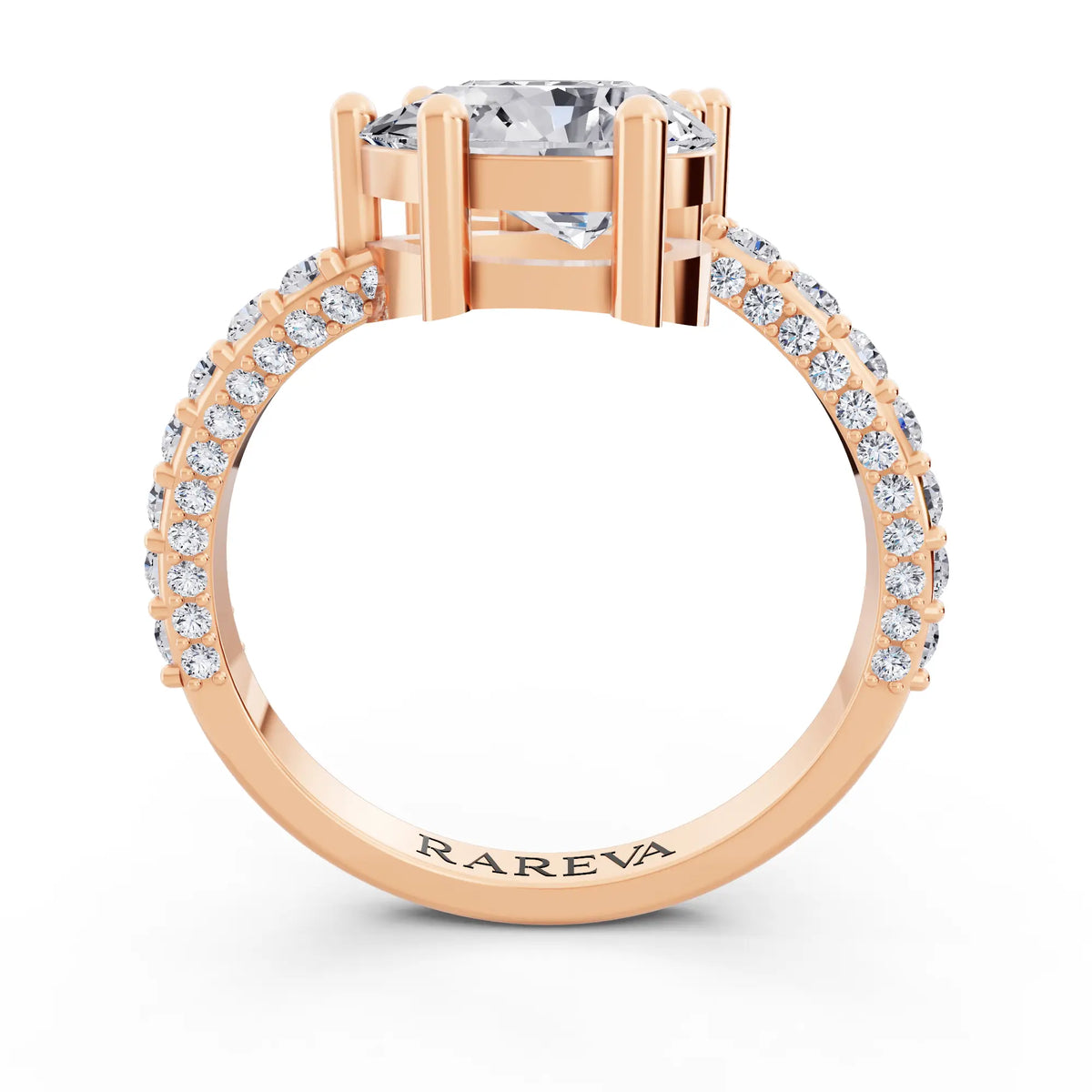 14 KT Rose Gold Pear Cut Diamond Two Stone Ring with Pave Band - Through