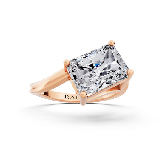 18 KT Rose Gold Radiant Cut Diamond Solitaire Ring with Bypass Band - Front