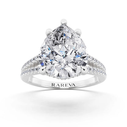 14 KT White Gold Pear Cut Diamond Ring with Pavé Split Shank - front view