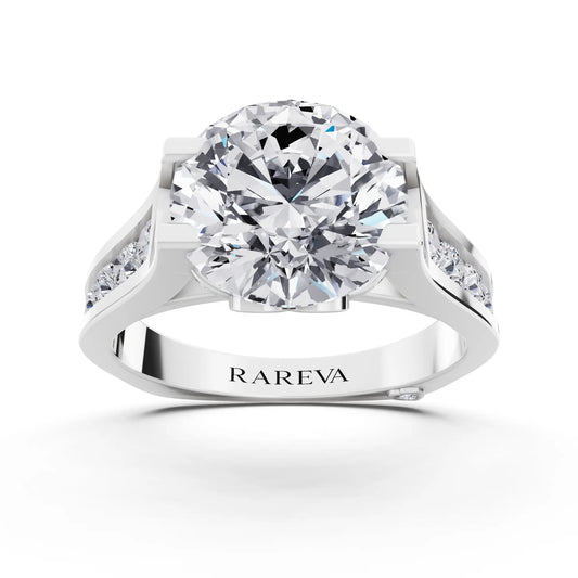 14 KT White Gold Round Cut Diamond Solitaire Ring with Graduated Channel Band - Front