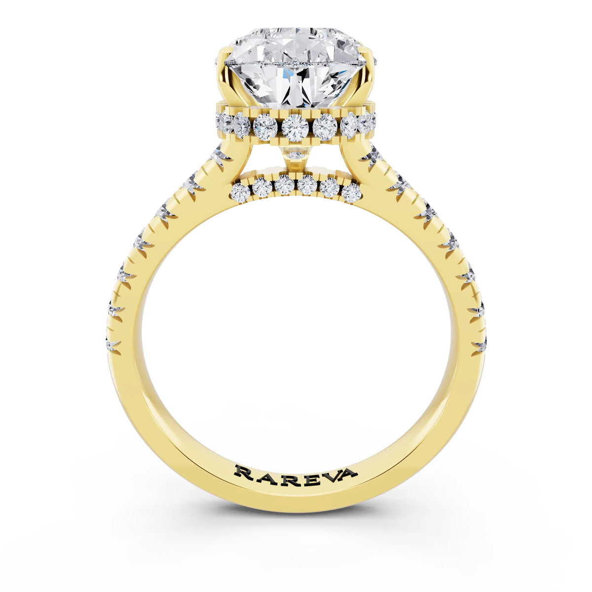14 KT Yellow Gold Pear Cut Diamond Ring with Hidden Halo - through finger