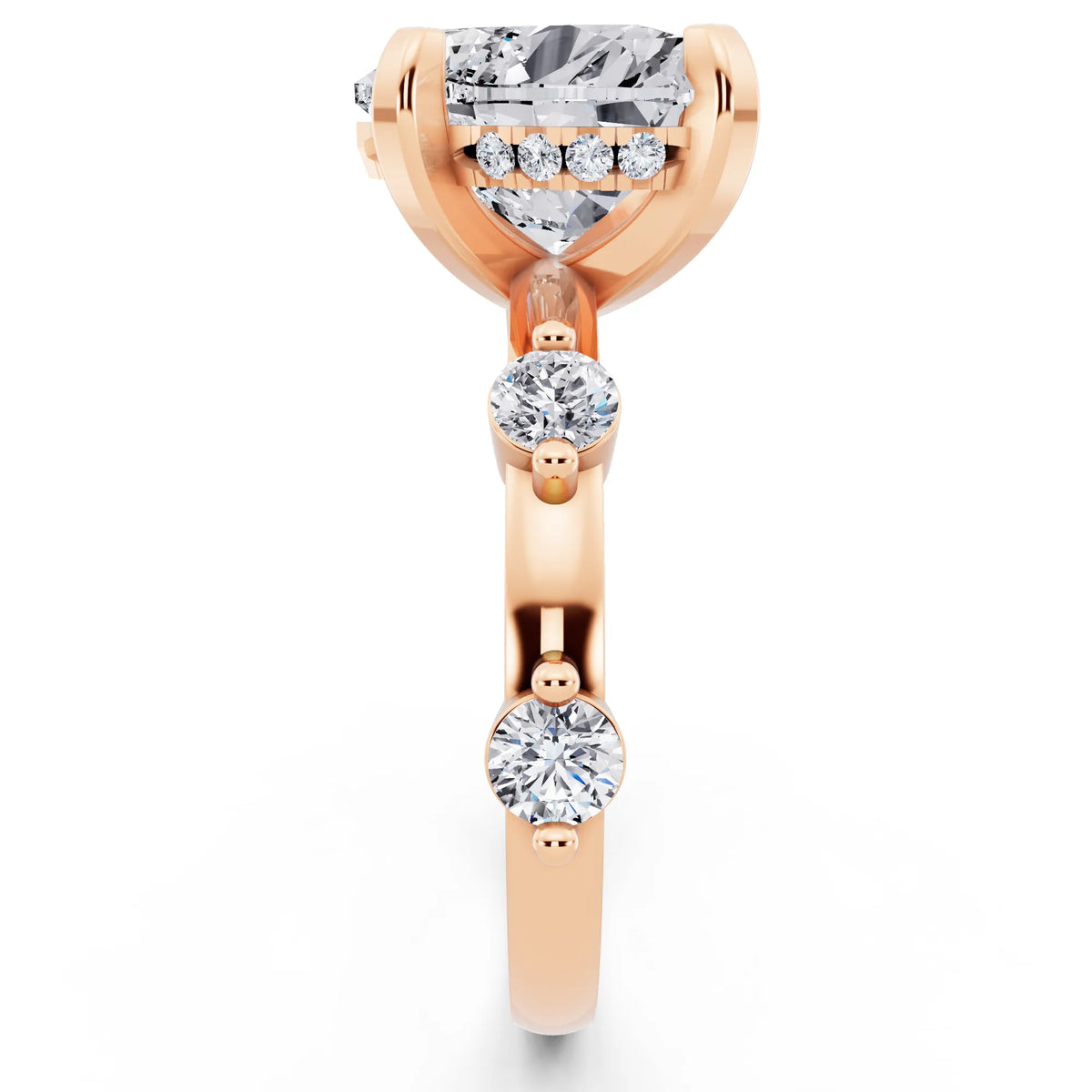 14 KT Rose Gold Heart Cut Diamond Solitaire Ring with Floating Diamond Accents - side view