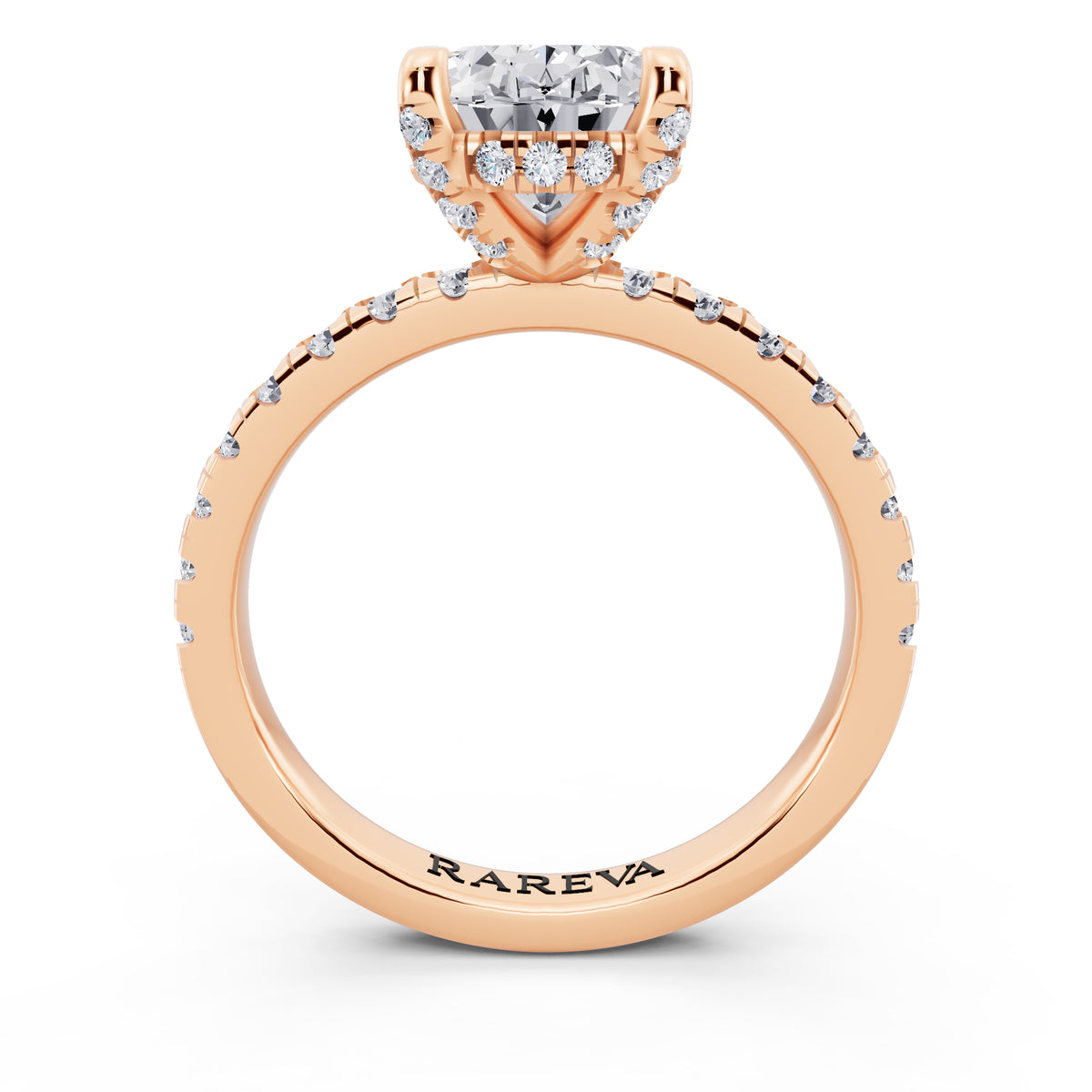 18 KT Rose Gold Oval Cut Diamond Hidden Halo Ring with Pave Shank - through finger