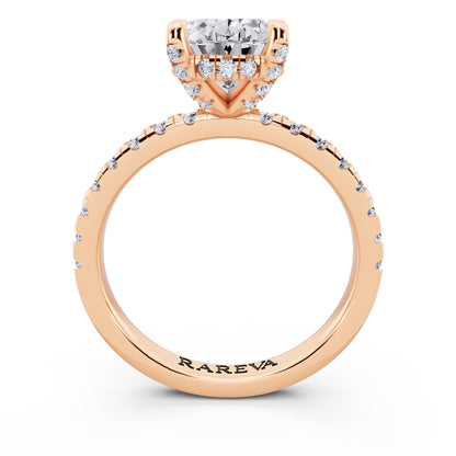 18 KT Rose Gold Oval Cut Diamond Hidden Halo Ring with Pave Shank - through finger