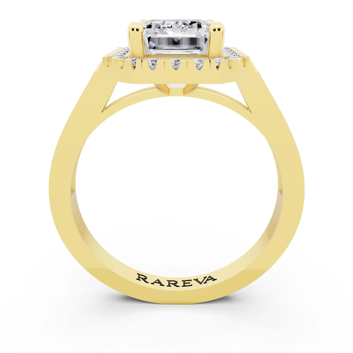 14 KT Yellow Gold Emerald Cut Diamond Halo Ring with Bezel Accent Band - through finger