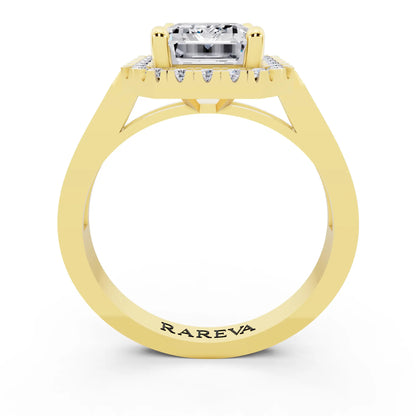 14 KT Yellow Gold Emerald Cut Diamond Halo Ring with Bezel Accent Band - through finger