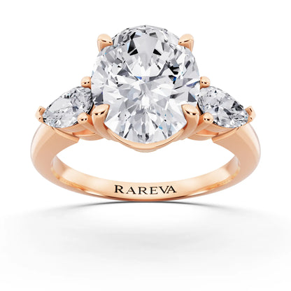 14 KT Rose Gold Oval Cut Diamond Three Stone Pear Accent Ring - front view