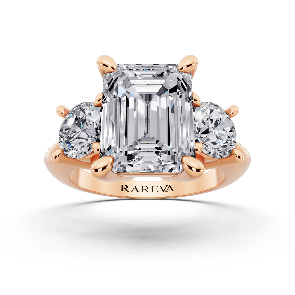 14 KT Rose Gold Emerald Cut Diamond Three Stone Ring with Round Accents - front view