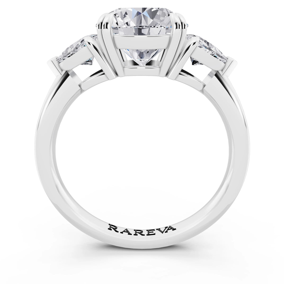 Platinum Round Cut Diamond Three Stone Ring with Trillion Accents - through finger