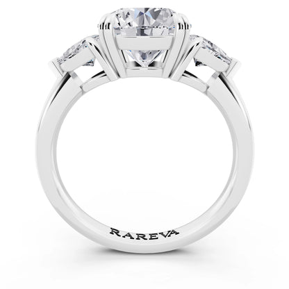 Platinum Round Cut Diamond Three Stone Ring with Trillion Accents - through finger