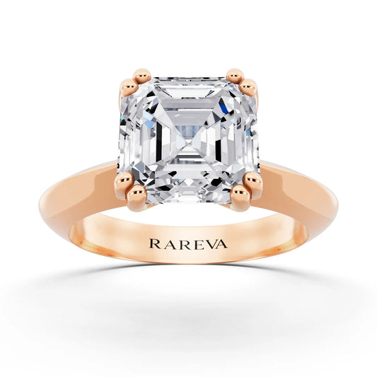14 KT Rose Gold Asscher Cut Diamond Solitaire Ring with Knife Edge Band - front view
