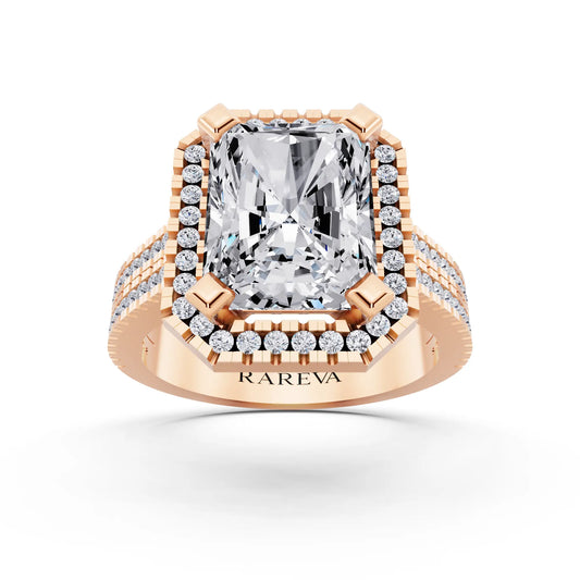18 KT Rose Gold Radiant Cut Diamond Halo Ring with Twin Pave Band - front view
