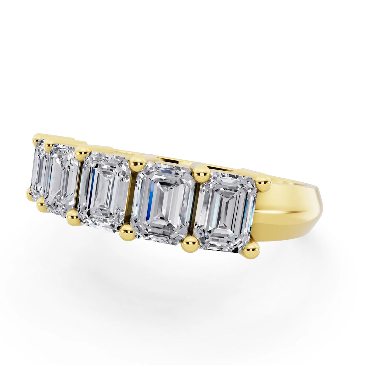 10K Yellow Gold Five Stone Emerald Cut Diamond Half Eternity Wedding Band - 2.5mm - Close up