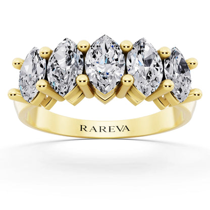 10K Yellow Gold Five Stone Marquise Cut Diamond Half Eternity Wedding Band - 2.5mm - Front