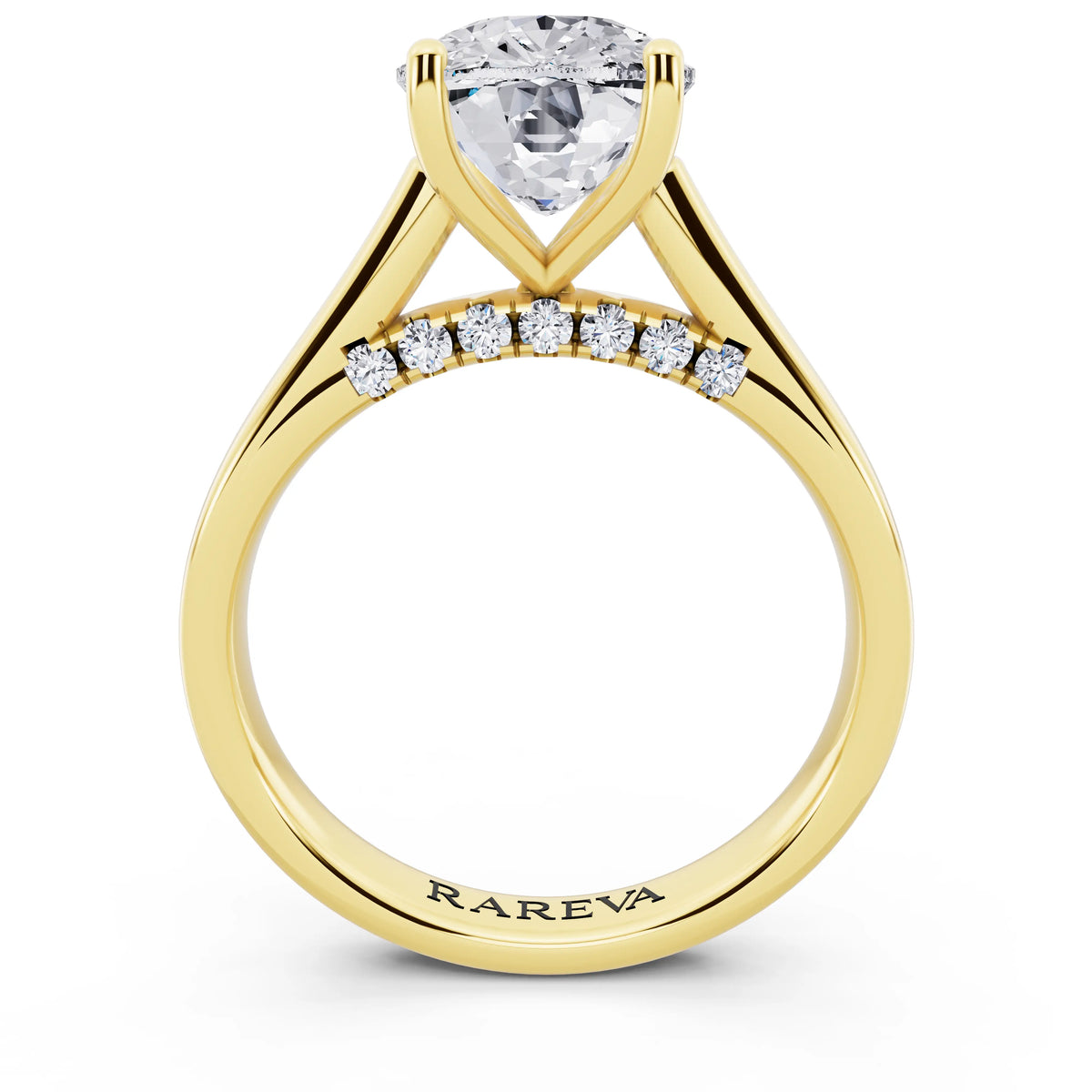 14 KT Yellow Gold Cushion Cut Diamond Solitaire Ring with Hidden Accent - through finger