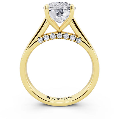 14 KT Yellow Gold Cushion Cut Diamond Solitaire Ring with Hidden Accent - through finger