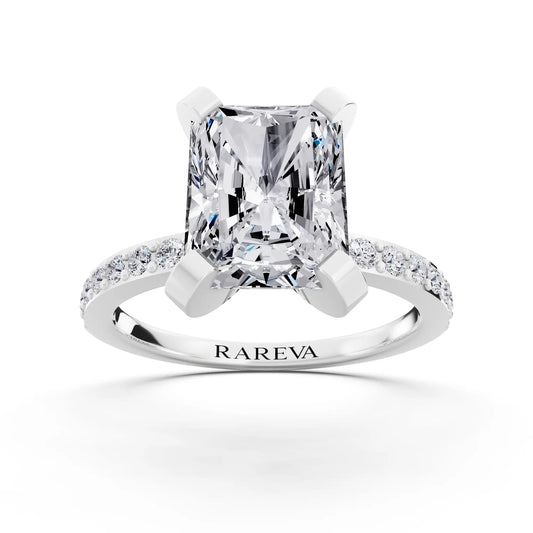 18 KT White Gold Radiant Cut Diamond Solitaire Ring with Pave Shank - front view