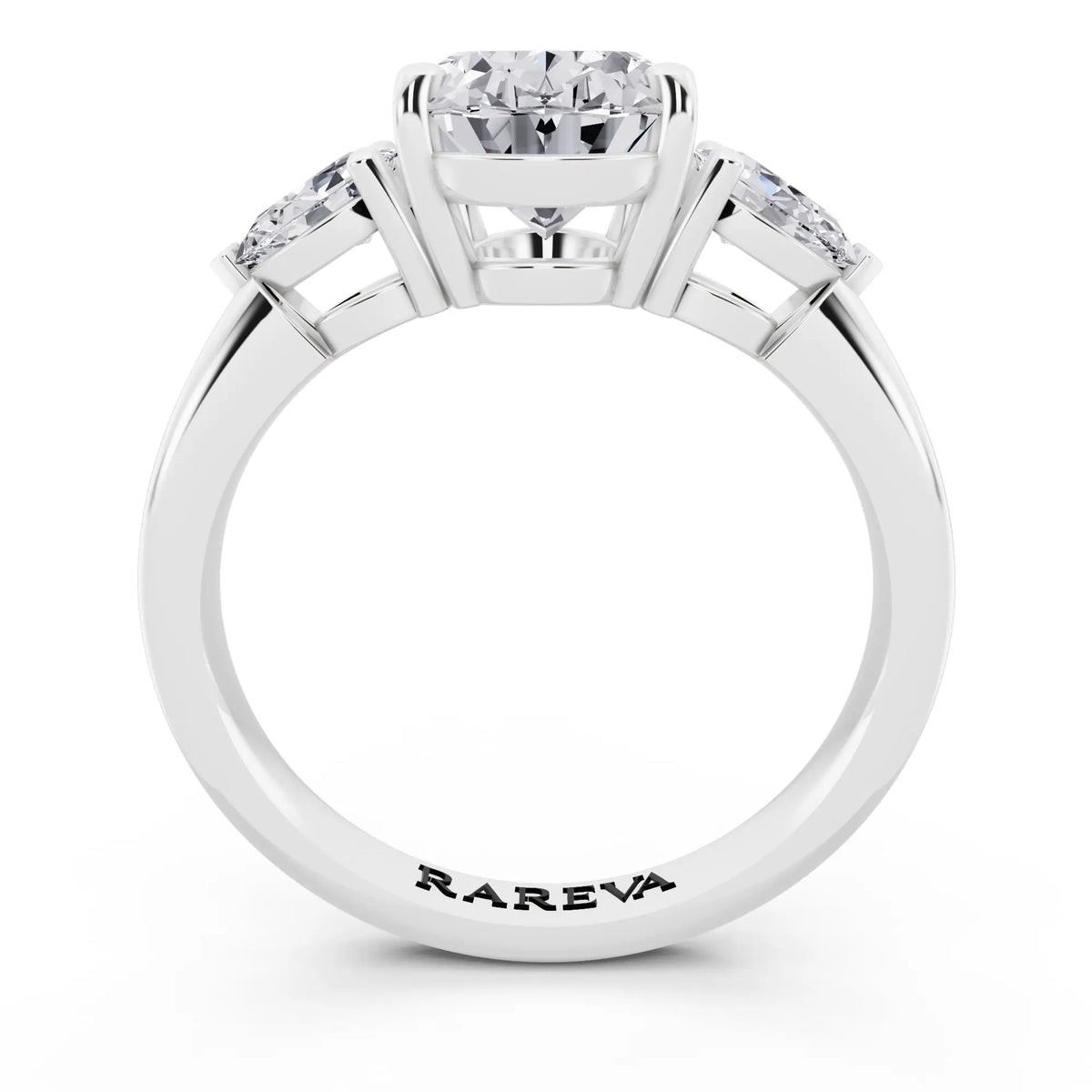 Platinum Oval Cut Diamond Three Stone Pear Accent Ring - through finger