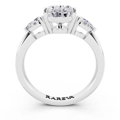 Platinum Oval Cut Diamond Three Stone Pear Accent Ring - through finger