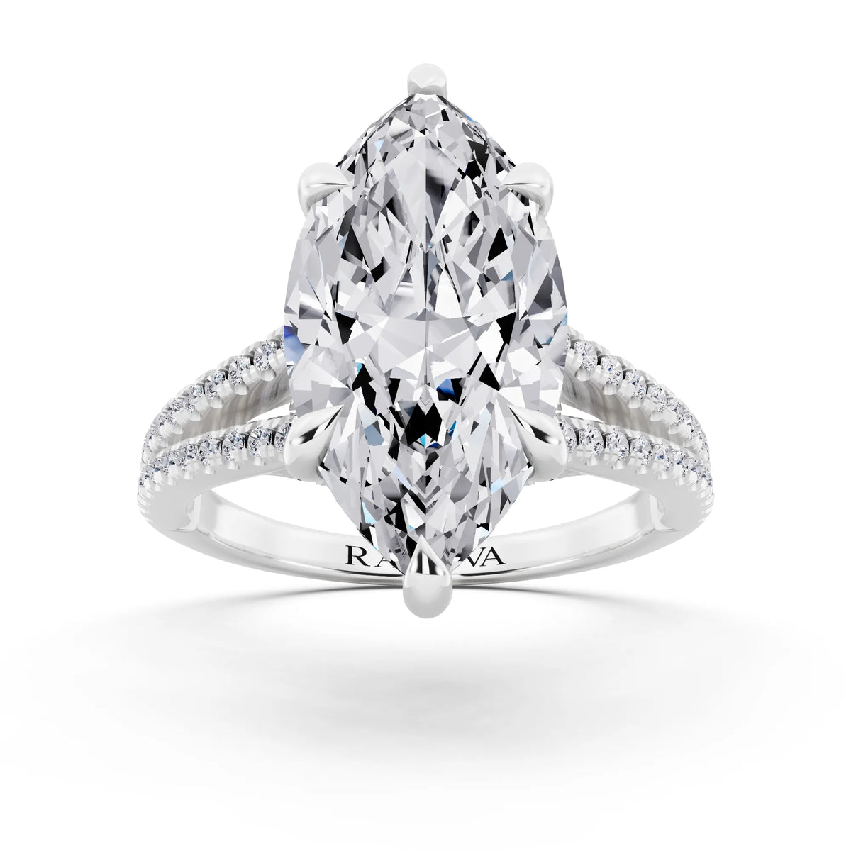 14 KT White Gold Marquise Cut Diamond Ring with Pavé Split Shank - front view
