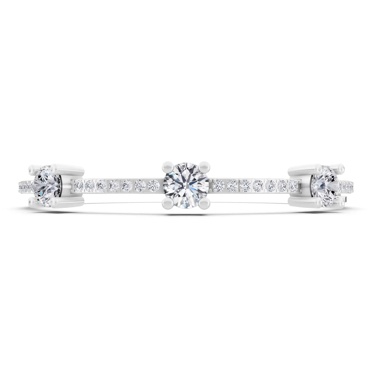 Platinum Three Stone Round Cut Diamond Bangle Bracelet - Front
