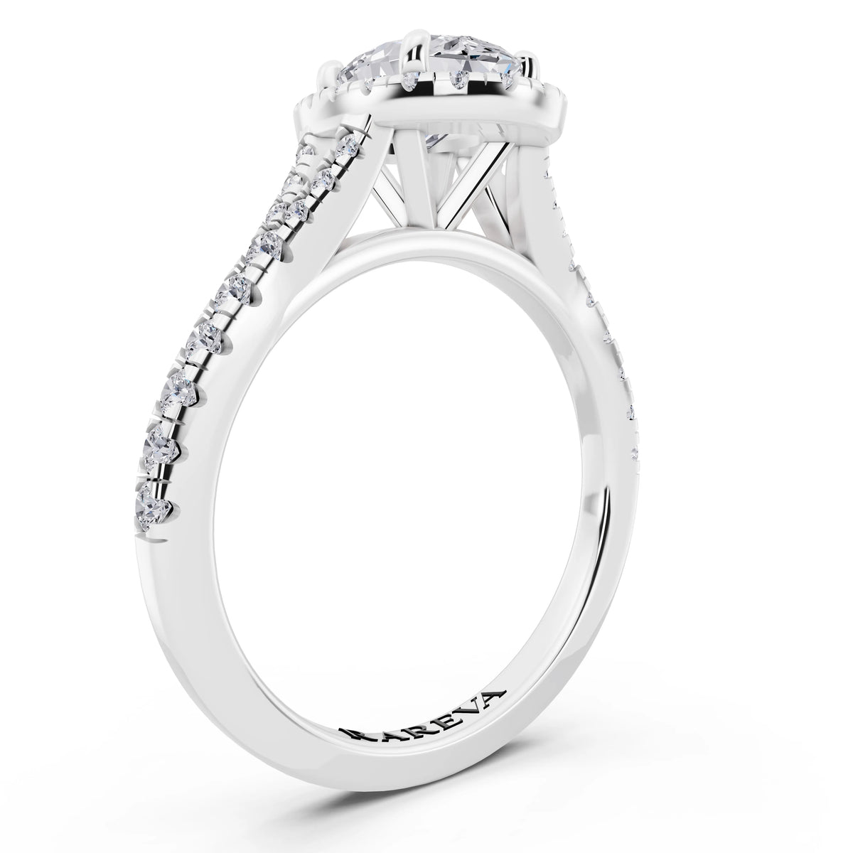 Platinum Oval Cut Diamond Halo Ring with Split Shank - top view