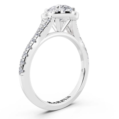 Platinum Oval Cut Diamond Halo Ring with Split Shank - top view