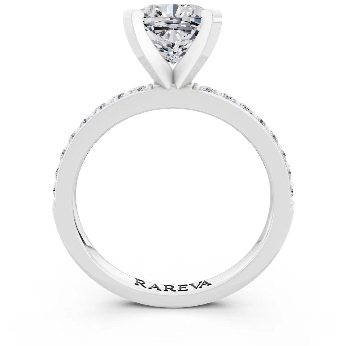 Platinum Cushion Cut Diamond Solitaire Ring with Pave Shank - through finger