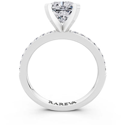 Platinum Cushion Cut Diamond Solitaire Ring with Pave Shank - through finger