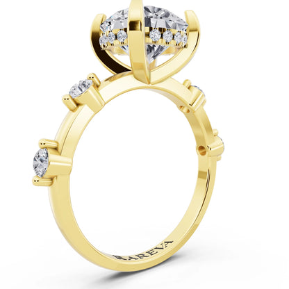 18 KT Yellow Gold Round Cut Diamond Solitaire Ring with Floating Diamond Accents - top view