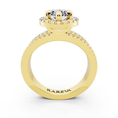 18 KT Yellow Gold Marquise Cut Diamond Halo Ring with Pave Split Shank - through finger