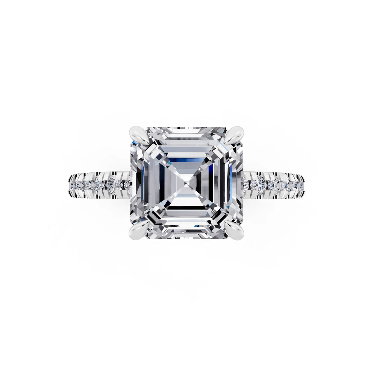 18 KT White Gold Asscher Cut Diamond Solitaire Ring with Marquise Collar - top angle