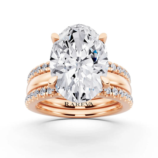 18 KT Rose Gold Oval Cut Diamond Solitaire Twin Pave Band Stack Ring - front view